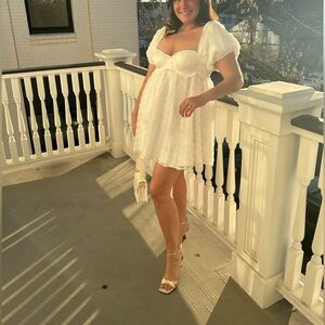 White babydoll bridal/bachelorette puff sleeve dress Altar’d State